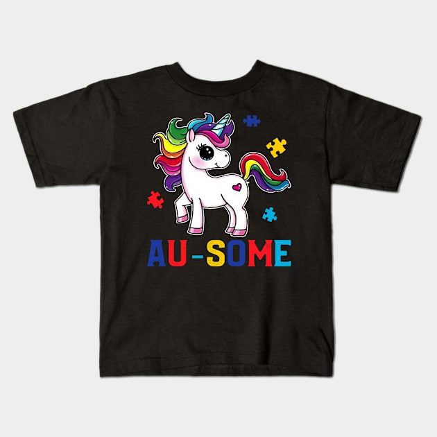 Au-some Funny Unicorn Autism awareness Puzzle Piece shirt tee Kids T-Shirt by danielsho90